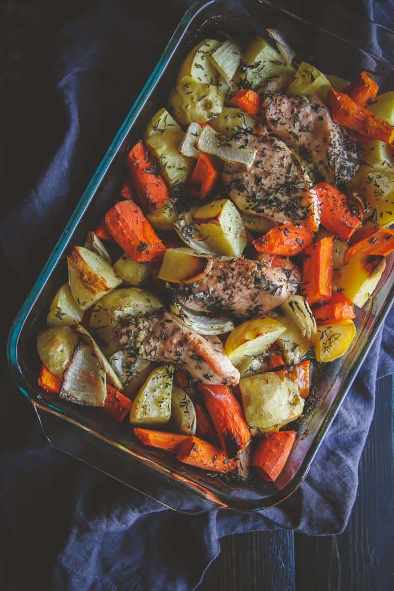 Baked Chicken Potatoes Carrots And Herbs From The Farmers Market