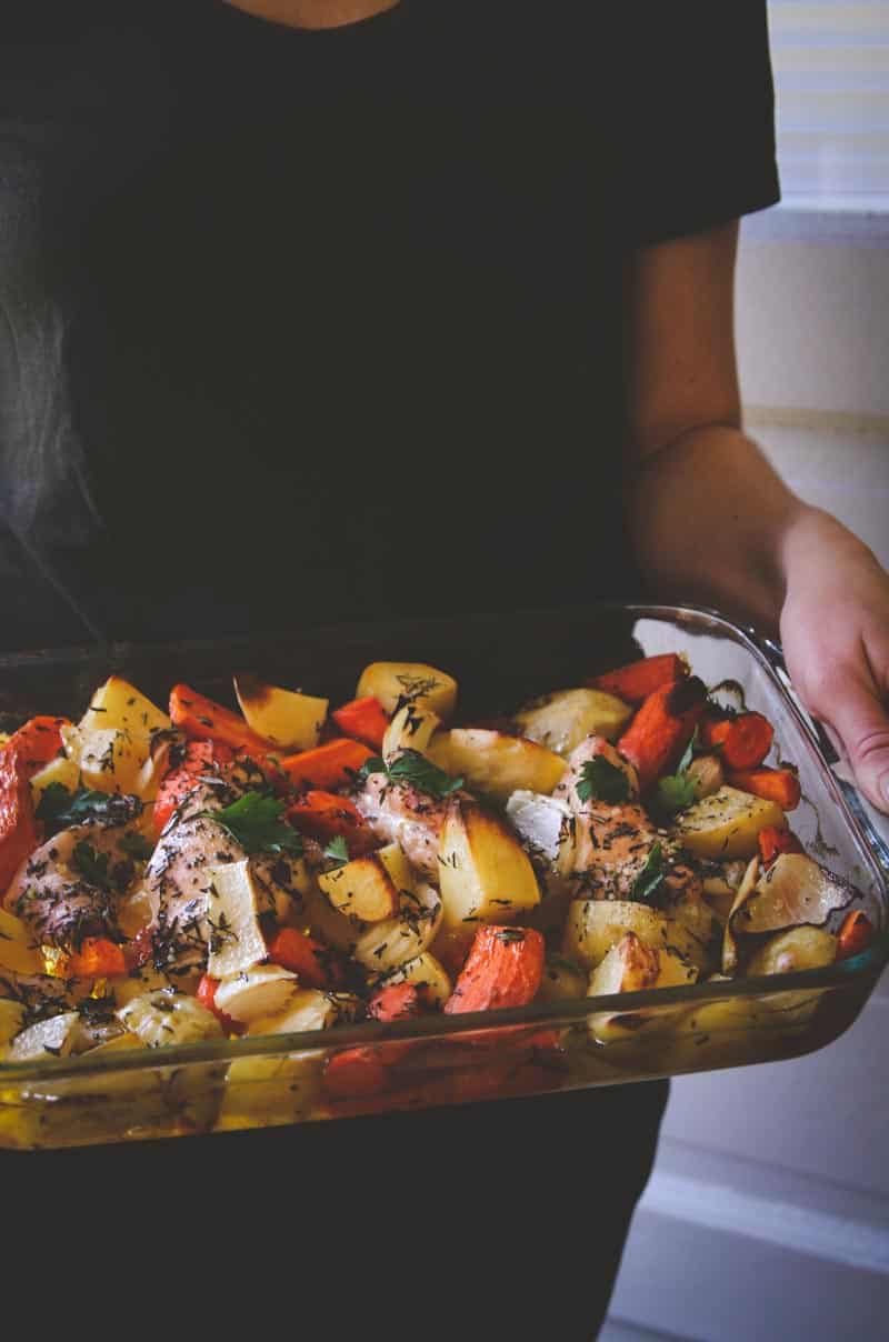 Baked Chicken Potatoes Carrots And Herbs From The Farmers