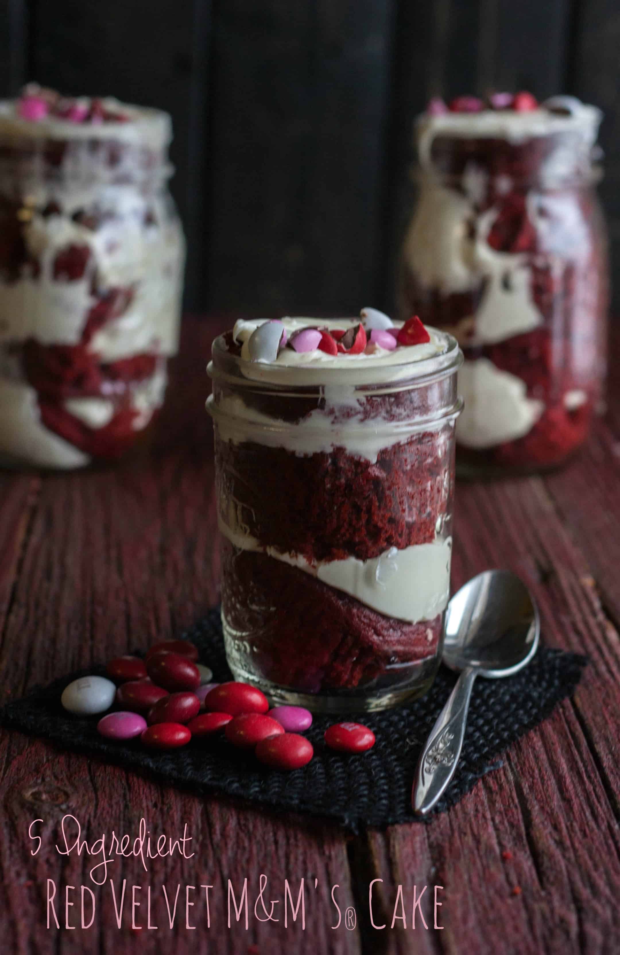 5 Ingredient M&M's® Red Velvet Cake In A Mason Jar - Sweetphi