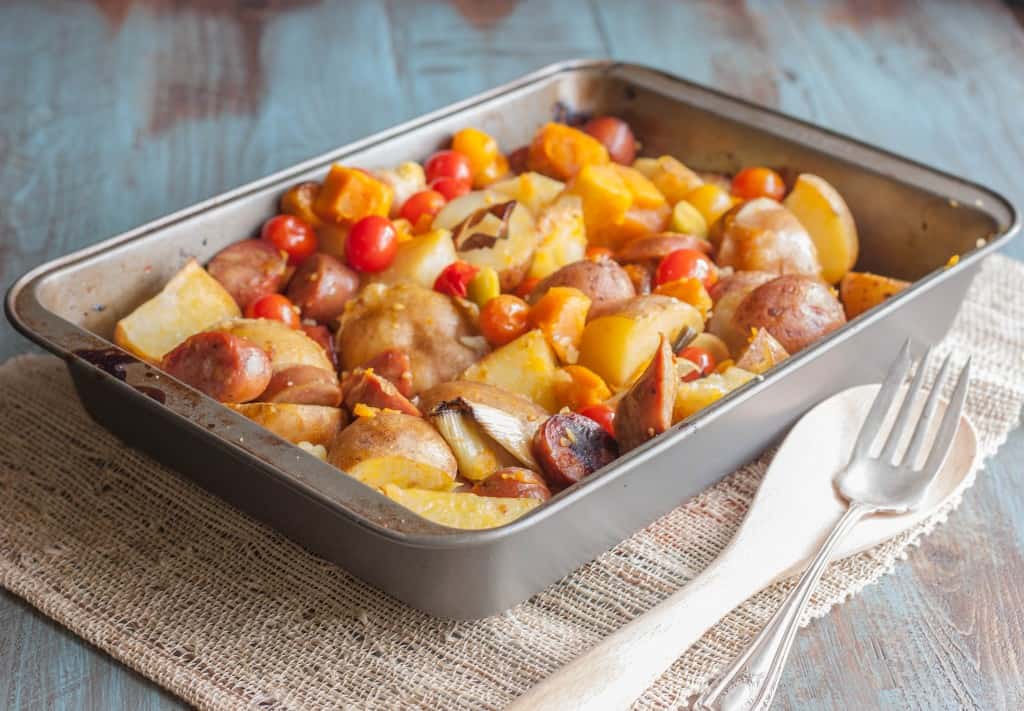 Chicken-sausage-and-roasted-potatoes-and-carrots