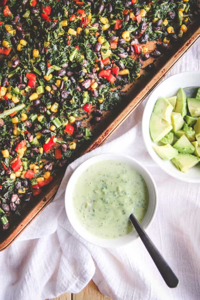 Vegetarian Sheet Pan Dinner (Mexican Kale Salad) - Sweetphi