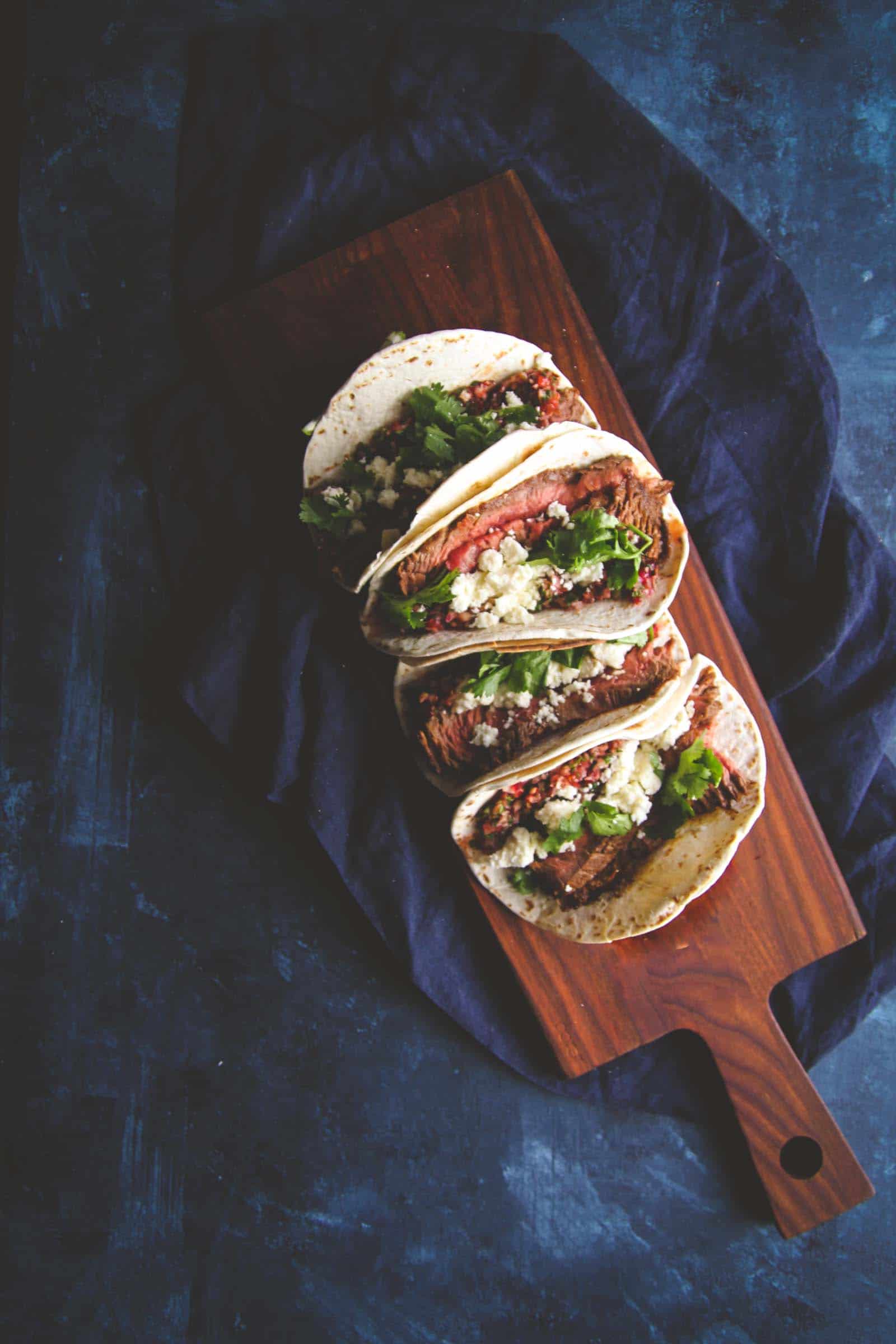 The most delicious steak tacos with cranberry salsa