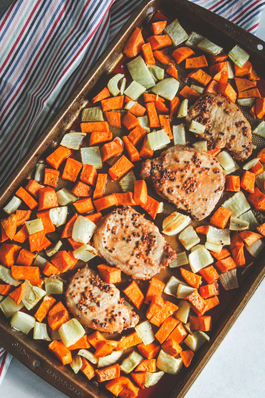 Sheet Pan Pork Chops Sweet Potato and Fennel Dinner - Sweetphi