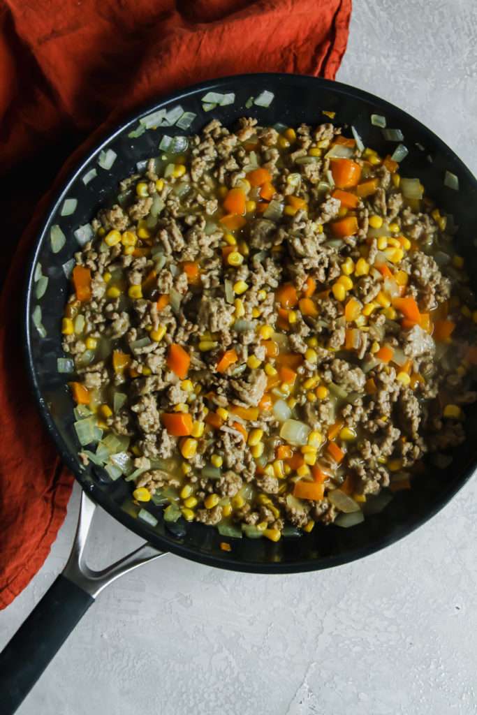 ground turkey, peppers, onions in skillet