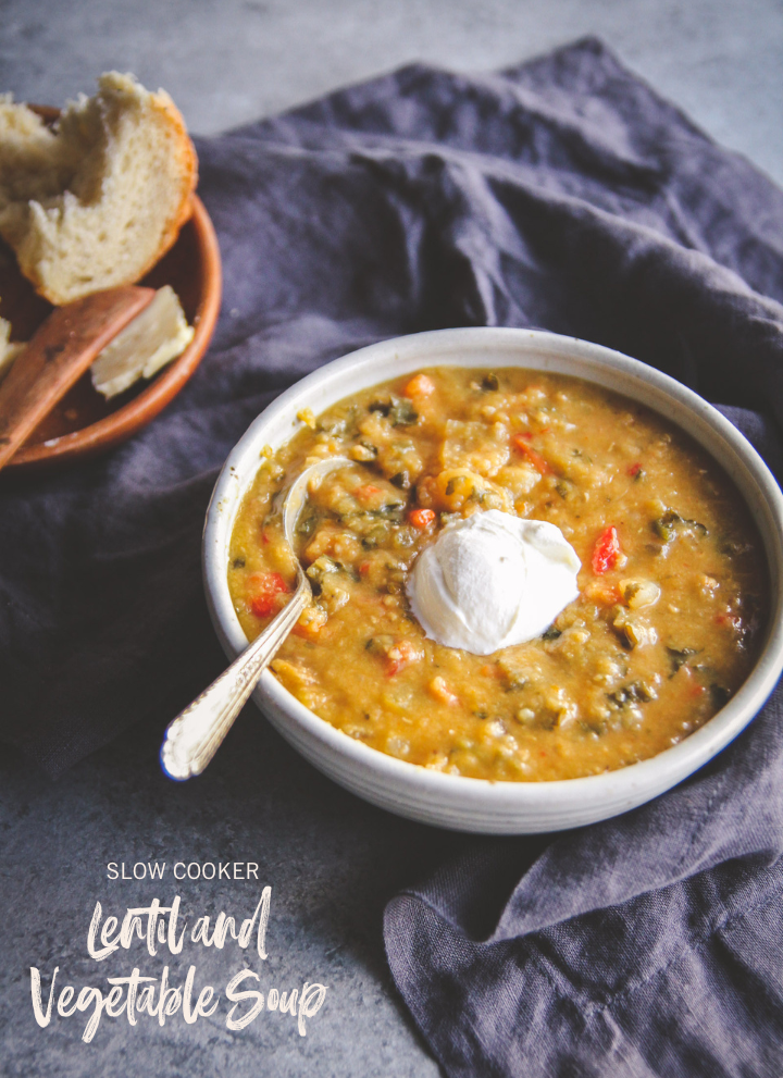 Lentil and vegetable soup in white bowl