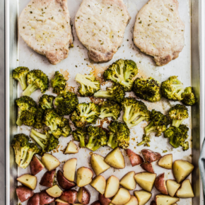 Pork, broccoli and potatoes on sheet pan