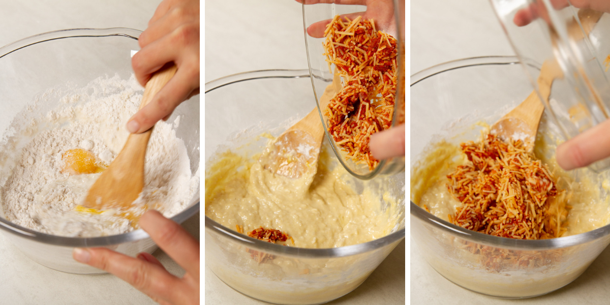 Mixing parmesan and chorizo into muffin batter