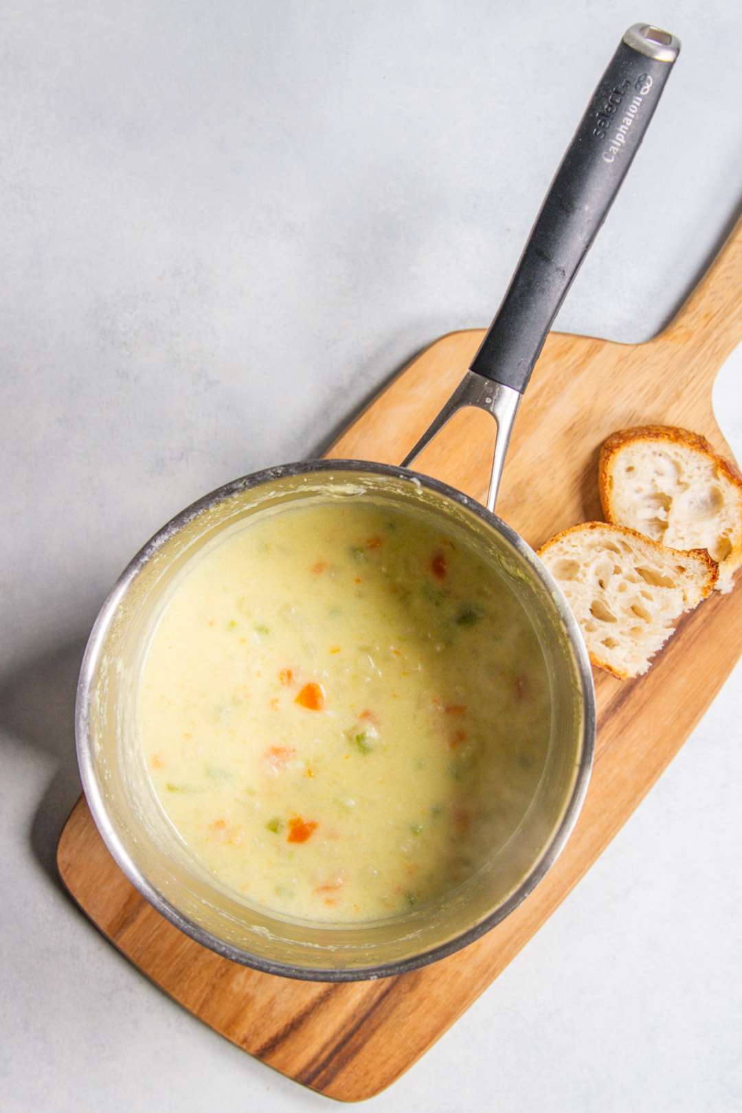 Potato soup in saucepan