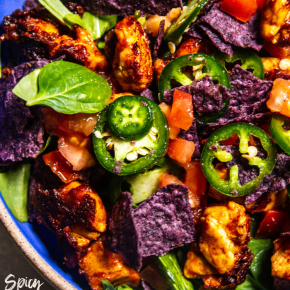 Spicy Chicken Taco Caesar Salad in blue bowl